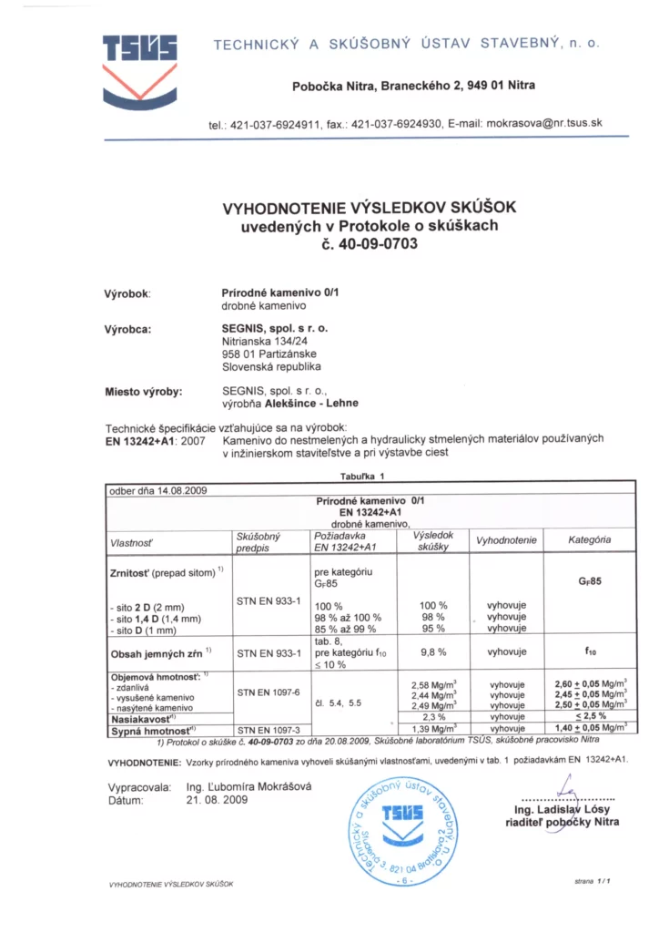 Certifikát kopaný piesok