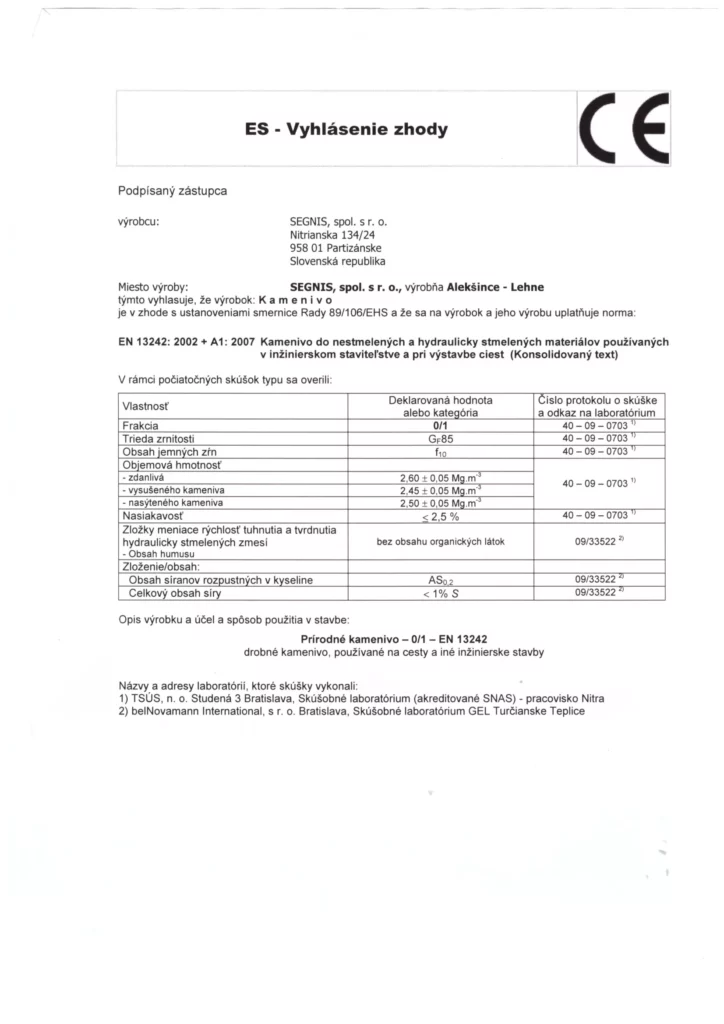 Certifikát kopaný piesok